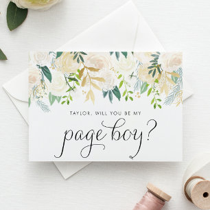 Watercolor Ivory Flowers Gold Page Boy Proposal Card