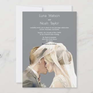 Watercolor ivory grey couple photo Wedding  Invitation