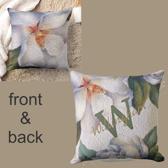 Watercolor Ivory Magnolia Name Monogram Throw Pillow (Creator Uploaded)