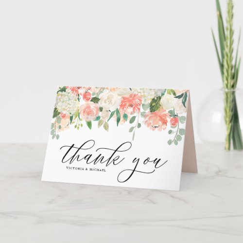 Watercolor Ivory Peach Peony and Hydrangea Wedding Thank You Card