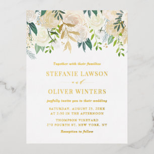 Watercolor Ivory Peonies and Rose Floral Wedding Foil Invitation Postcard