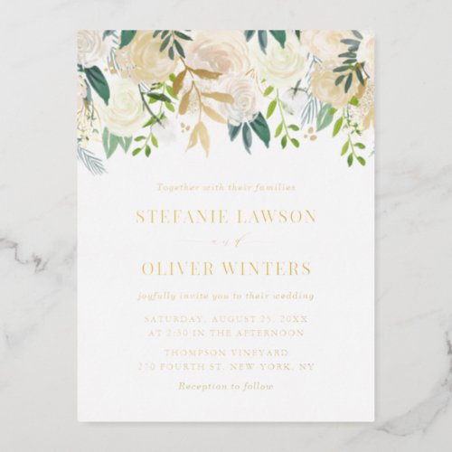 Watercolor Ivory Peonies and Rose Floral Wedding Foil Invitation Postcard
