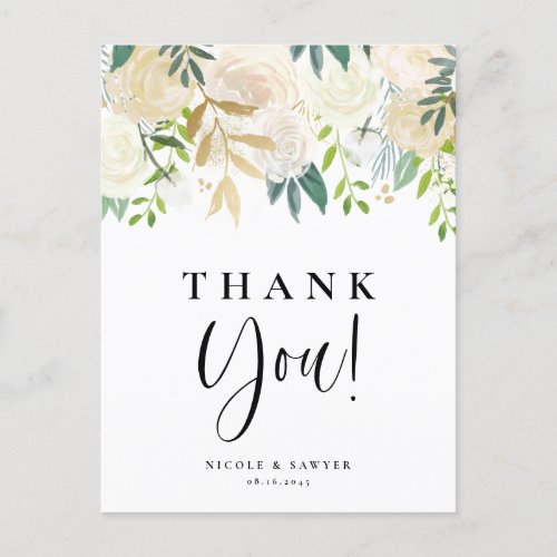 Watercolor Ivory Peonies Gold Wedding Thank You Postcard