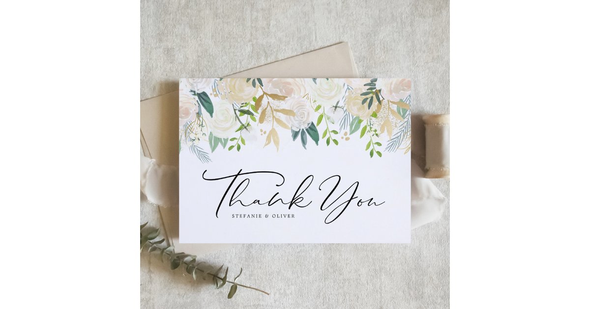 Watercolor Ivory Peony and Rose Floral Wedding Thank You Card | Zazzle