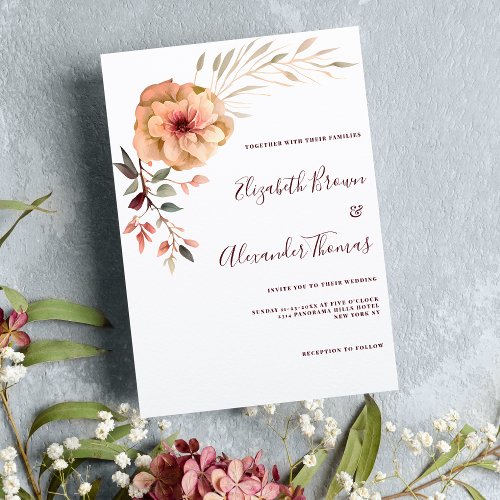 Watercolor ivory pink burgundy mint floral wedding invitation