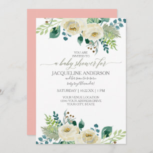 Watercolor Ivory Rose Leaf Baby Girl Shower Floral Invitation