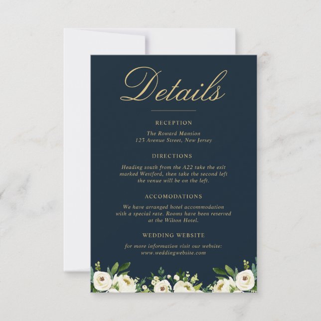 watercolor ivory white blooms wedding details RSVP card (Front)