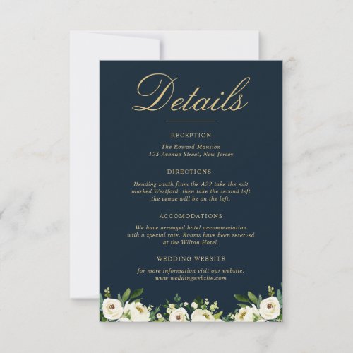 watercolor ivory white blooms wedding details RSVP card