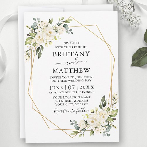 Watercolor Ivory White Floral Geo Frame Wedding Invitation