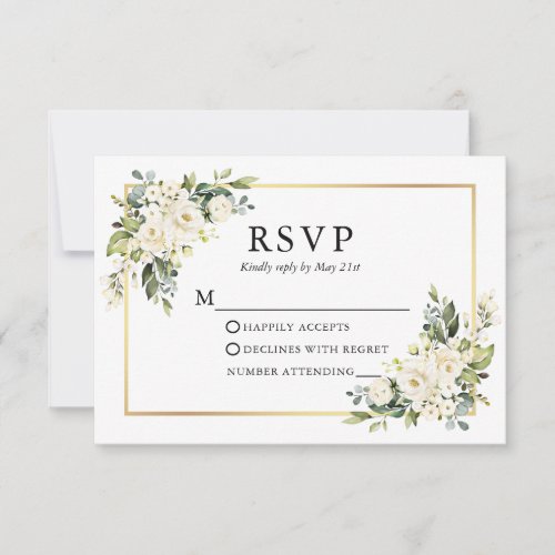Watercolor Ivory White Floral Gold Wedding RSVP Card