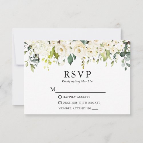 Watercolor Ivory White Floral Greenery Wedding RSVP Card