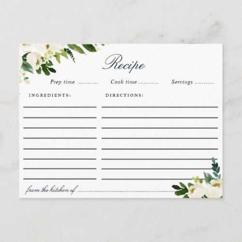 Watercolor ivory white floral recipe card