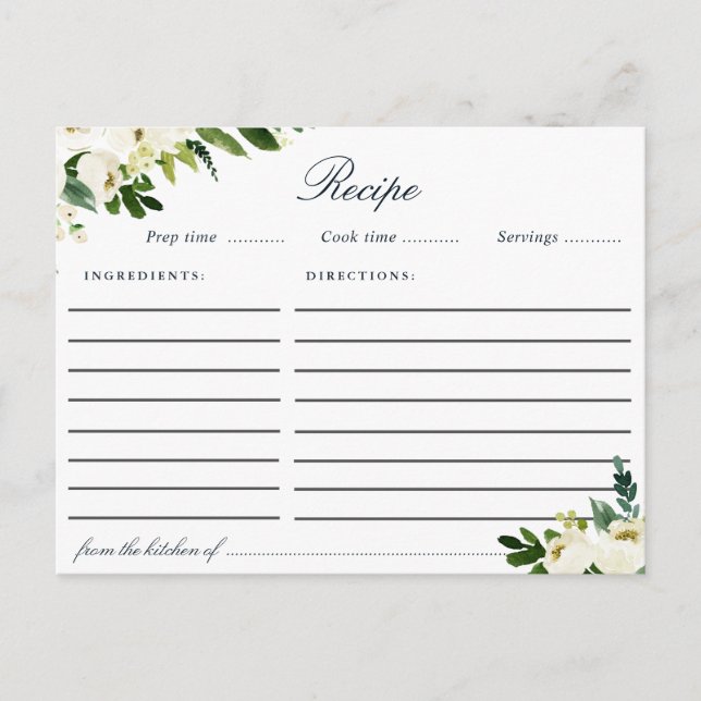 Watercolor ivory white floral recipe card (Front)