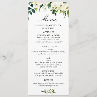 watercolor ivory white floral wedding menu