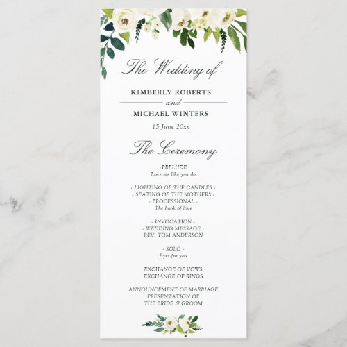 Watercolor ivory white floral wedding program