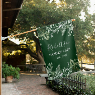 Watercolor Ivy Ferns Sage Family Cabin Green House Flag