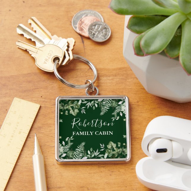 Watercolor Ivy Ferns Sage Family Cabin Green Keychain (Desk)