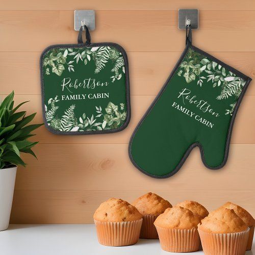 Watercolor Ivy Ferns Sage Family Cabin Green Oven Mitt  Pot Holder Set