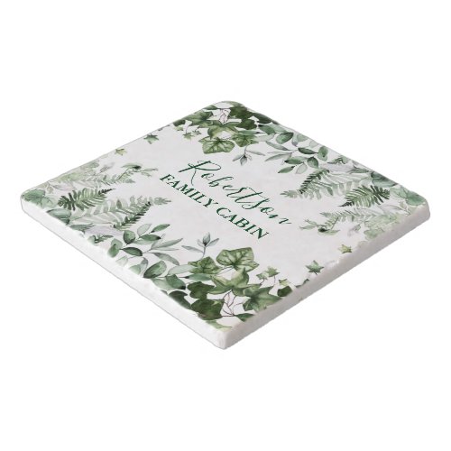 Watercolor Ivy Ferns Sage Family Cabin Marble Trivet