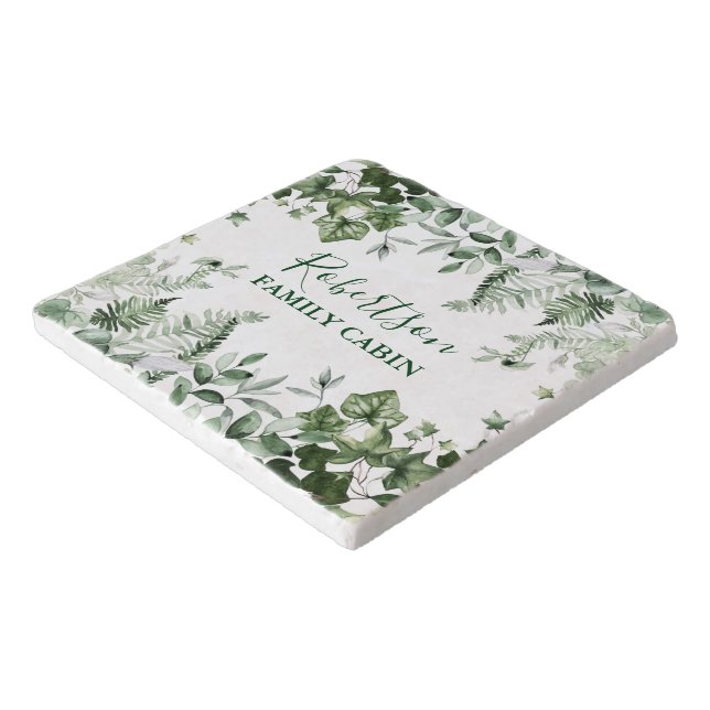 Watercolor Ivy Ferns Sage Family Cabin Marble Trivet (Corner)