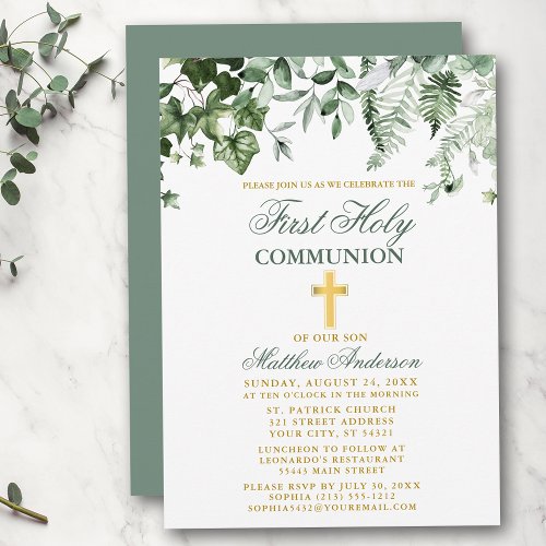 Watercolor Ivy Ferns Sage Gold First Communion Invitation