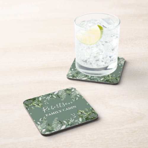 Watercolor Ivy Ferns Sage Green Family Cabin Beverage Coaster