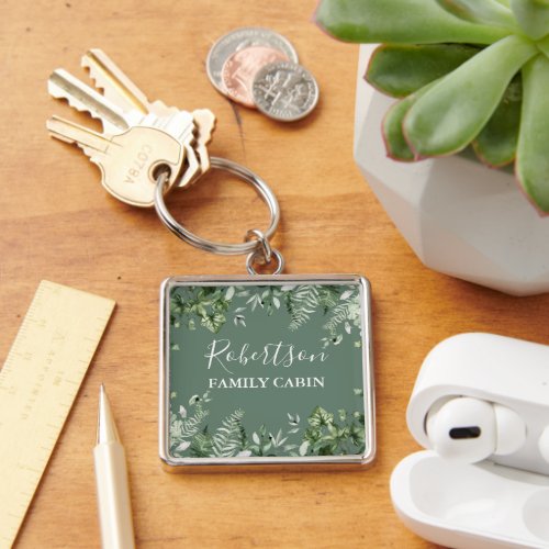Watercolor Ivy Ferns Sage Green Family Cabin Keychain
