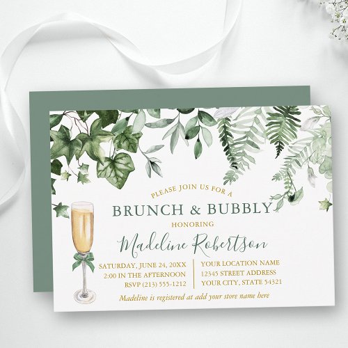 Watercolor Ivy Ferns Sage Green Gold Bridal Brunch Invitation