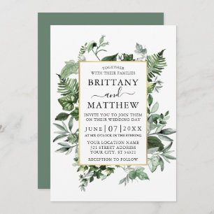 Watercolor Ivy Ferns Sage Green Gold Wedding Invitation