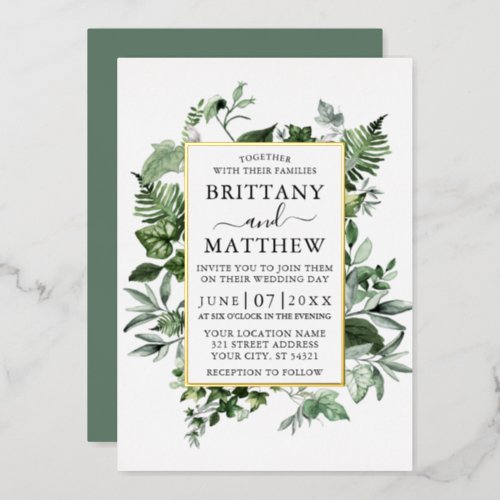 Watercolor Ivy Ferns Sage Green Wedding Gold Foil Invitation