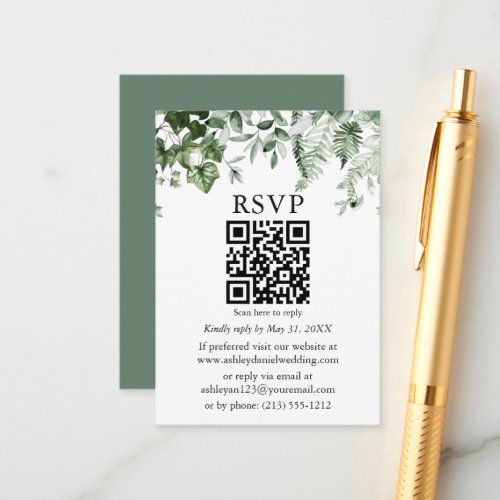 Watercolor Ivy Ferns Sage Green Wedding QR RSVP Enclosure Card