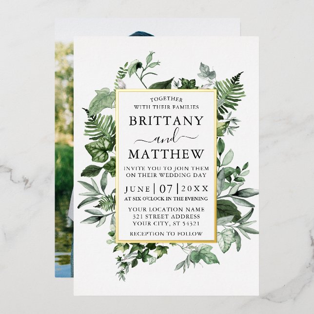 Watercolor Ivy Ferns Sage Photo Wedding Gold Foil Invitation (Front/Back)