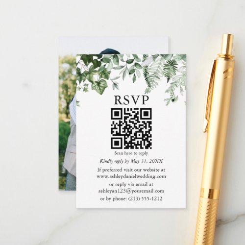 Watercolor Ivy Ferns Sage Photo Wedding QR RSVP Enclosure Card