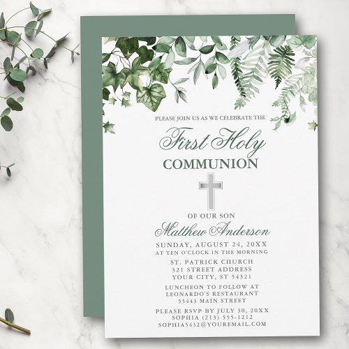 Watercolor Ivy Ferns Sage Silver First Communion Invitation