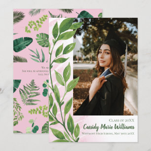 Watercolor Ivy Green Pink Plant Graduation Invitation