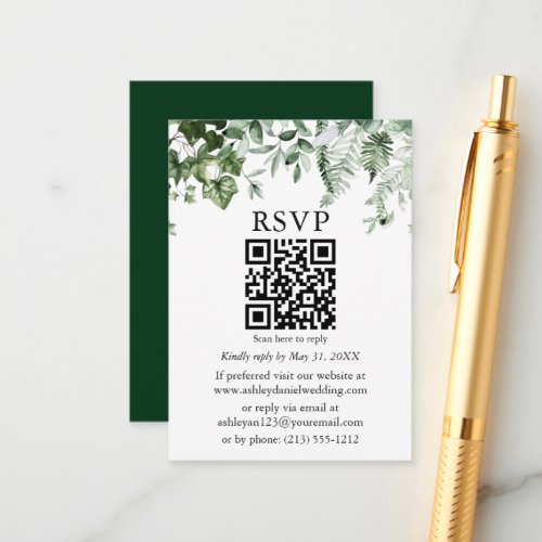 Watercolor Ivy Sage Ferns Green Wedding QR RSVP Enclosure Card