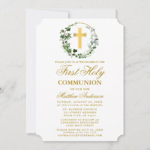 Watercolor Ivy Wreath First Communion Gold Invitation
