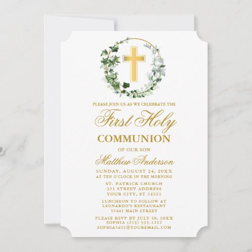 Watercolor Ivy Wreath First Communion Gold Invitation