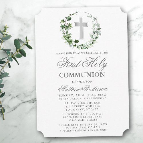 Watercolor Ivy Wreath First Communion Silver Invitation