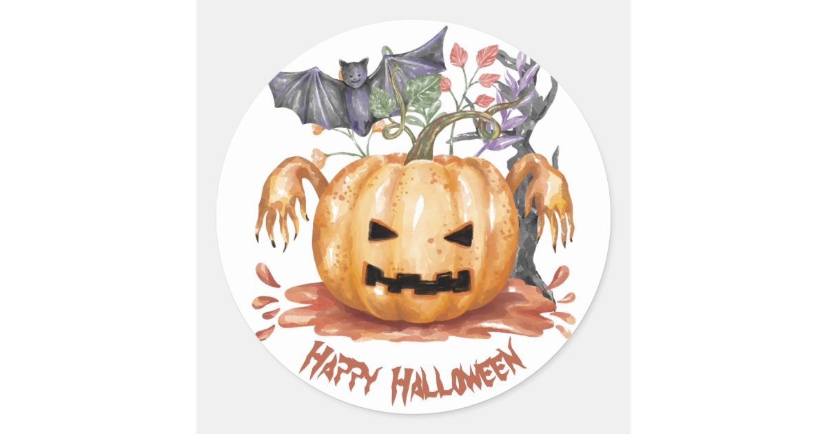 Watercolor Jack o lantern and a bat, Halloween Classic Round Sticker ...
