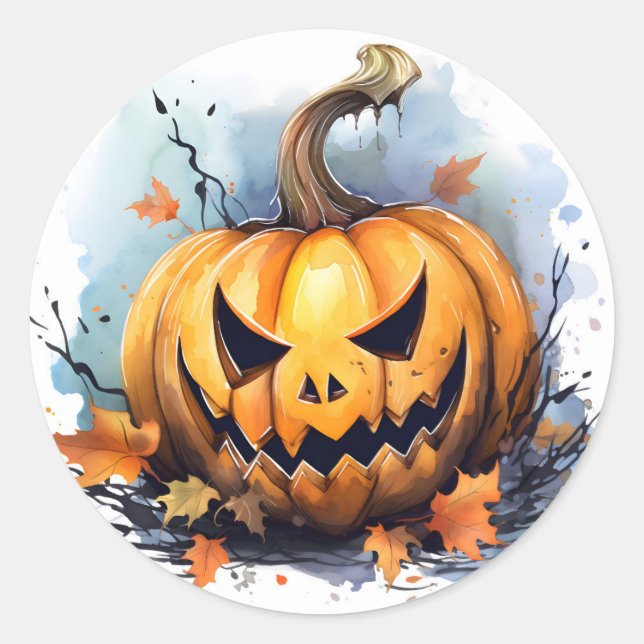 Watercolor Jack-o-lantern Classic Round Sticker (Front)
