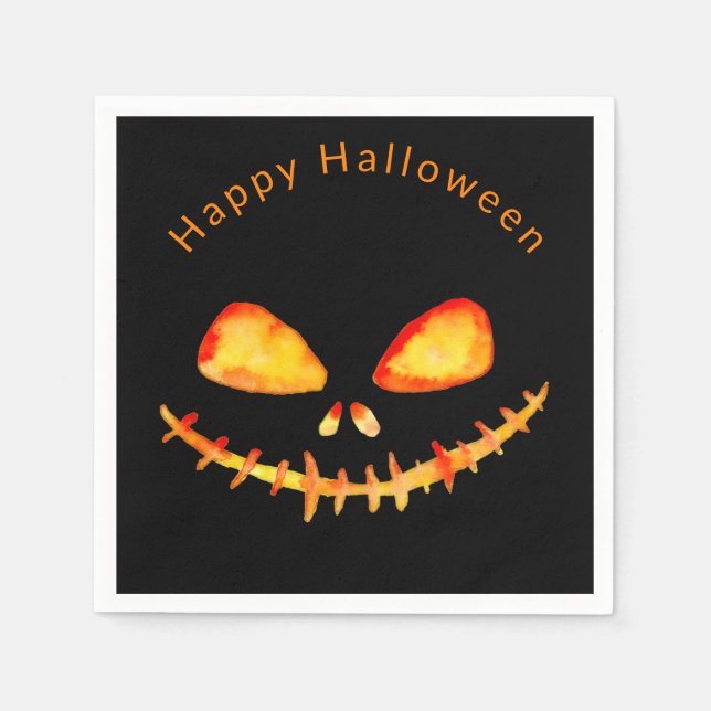 Watercolor Jack O' Lantern Face Halloween Napkins (Front)