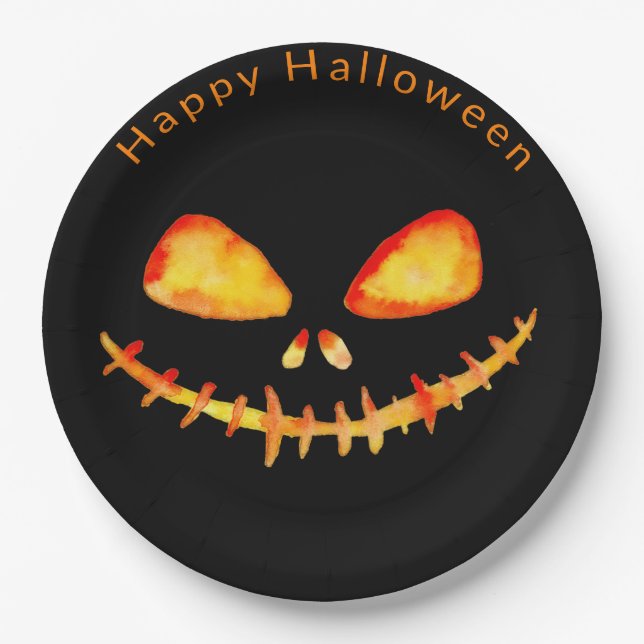 Watercolor Jack O' Lantern Face Halloween Paper Plates (Front)
