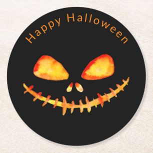 Watercolor Jack O' Lantern Face Halloween Round Paper Coaster