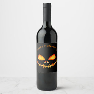 Watercolor Jack O' Lantern Face Halloween  Wine Label