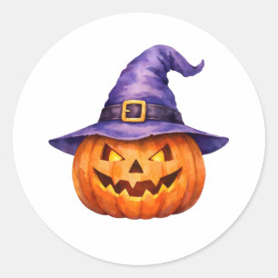 Watercolor Jack-O-Lantern in Purple Witch Hat Classic Round Sticker