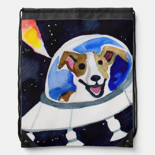 Watercolor Jack Russell Traveling in UFO Spaceship Drawstring Bag