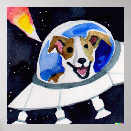 Watercolor Jack Russell Traveling in UFO Spaceship Poster