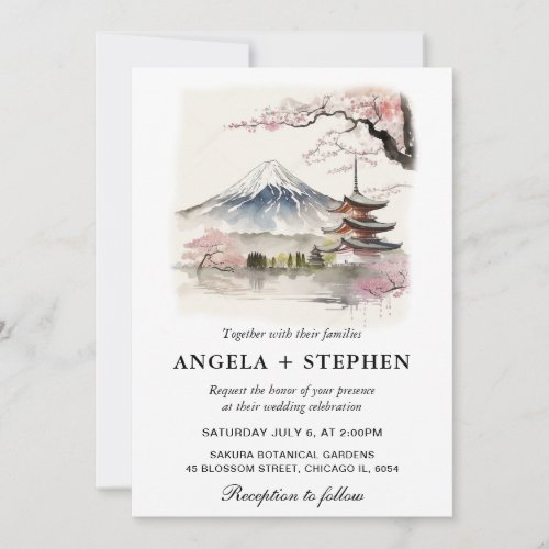 Watercolor Japanese Fuji and Pagoda Scenic Wedding Invitation