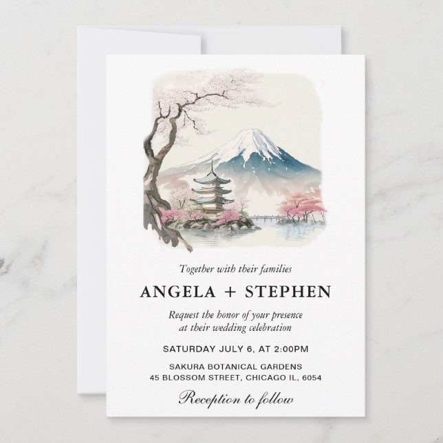 Watercolor Japanese Fuji and Pagoda Scenic Wedding Invitation (Front)